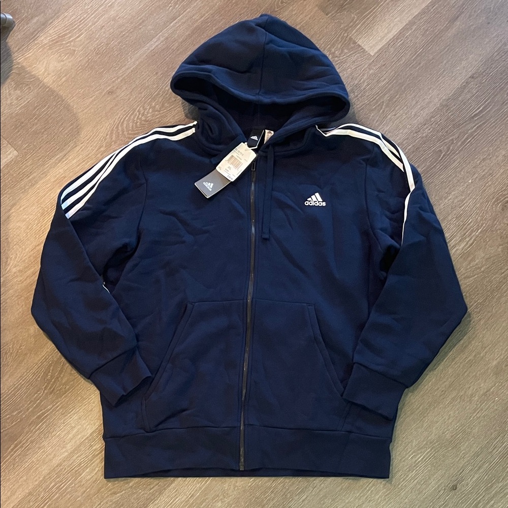 NWT Adidas Navy Blue and White Stripe Full Zip Hoodie XL